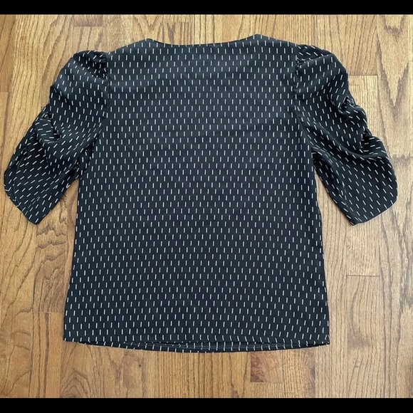 Jonathan Martin Vintage Black White Line Printed Ruched Puff 3/4 Sleeve Blouse - Picture 5 of 5